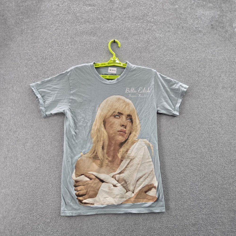 Billie Eilish Men Shirt S Blue Graphic Print‎ Short Sleeve